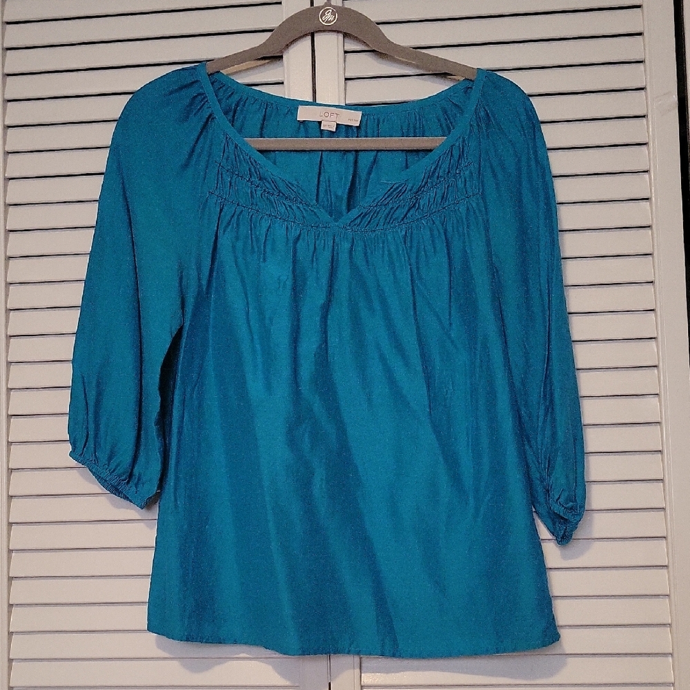 LOFT Teal Blouse with Gathered Neckline